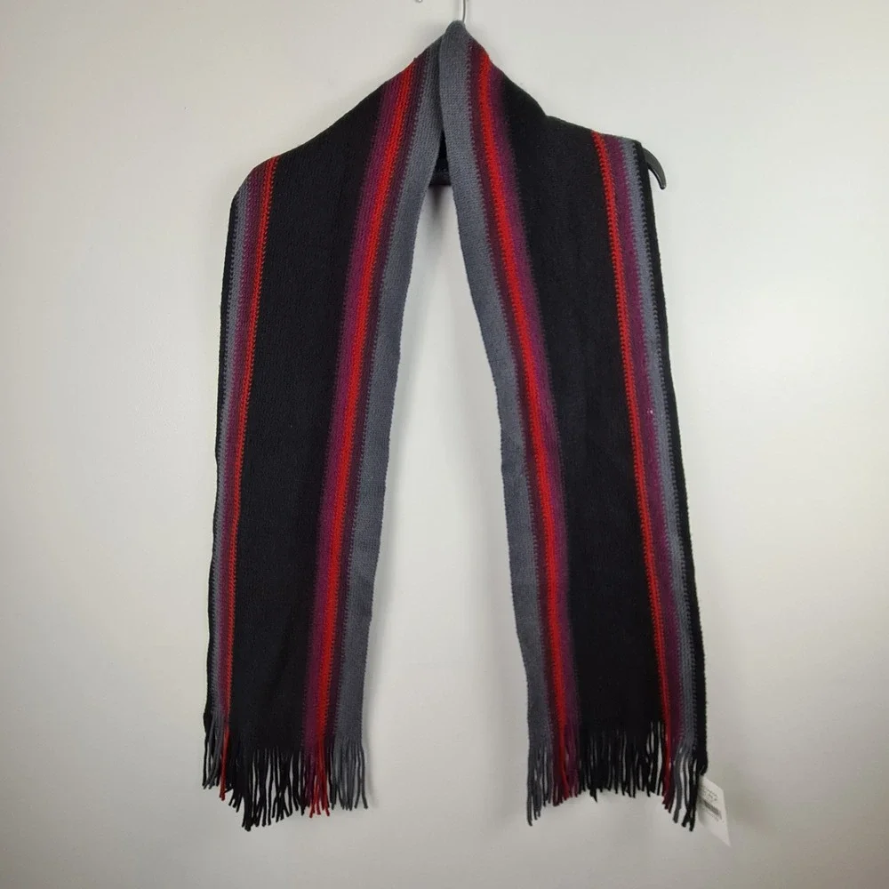 Banana Republic 100% Wool Striped Knit Scarf Black Red Grey Fringe FLAW READ